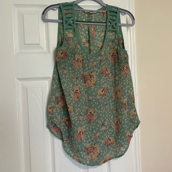 Papaya Blouse Medium Teal Mint Green with Florals Sleeveless - Picture 1 of 8